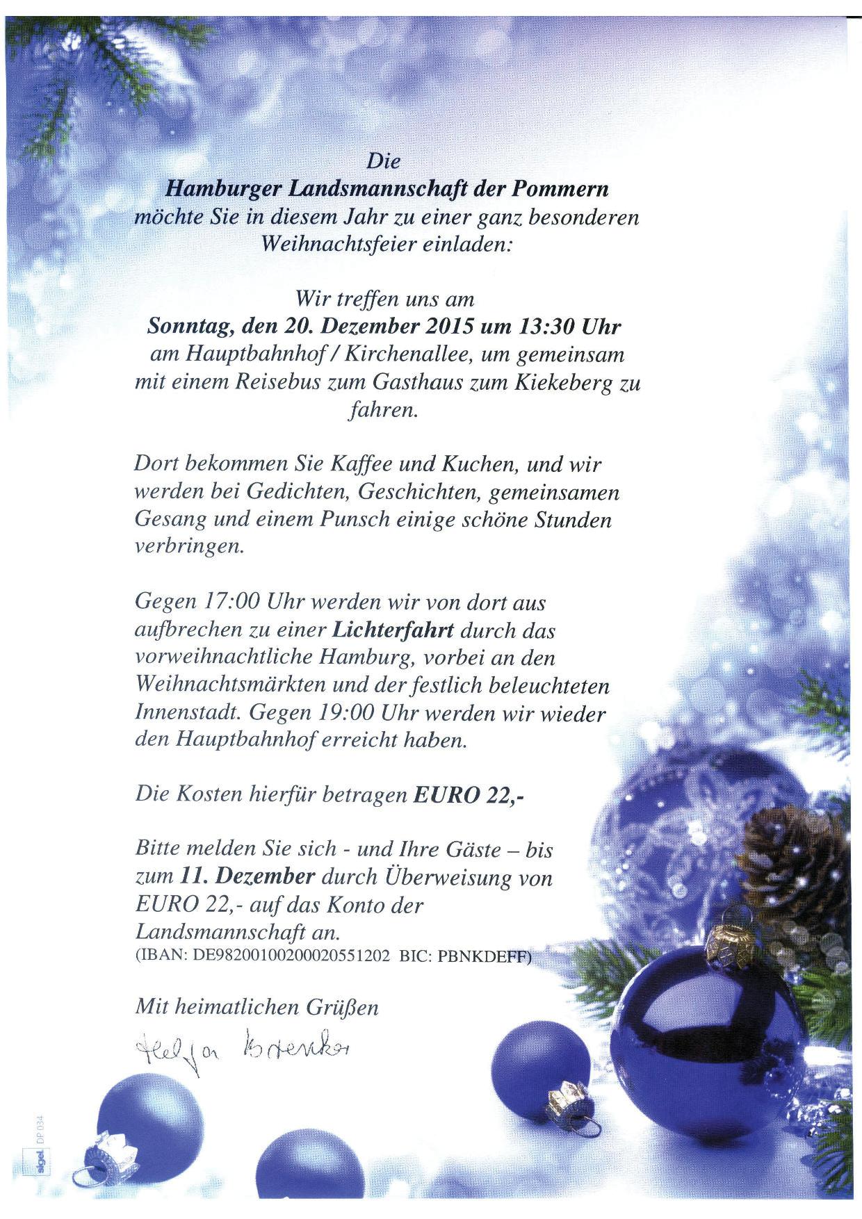 Einladung zur Weihnachtsfeier der PLM am 20.12.2015